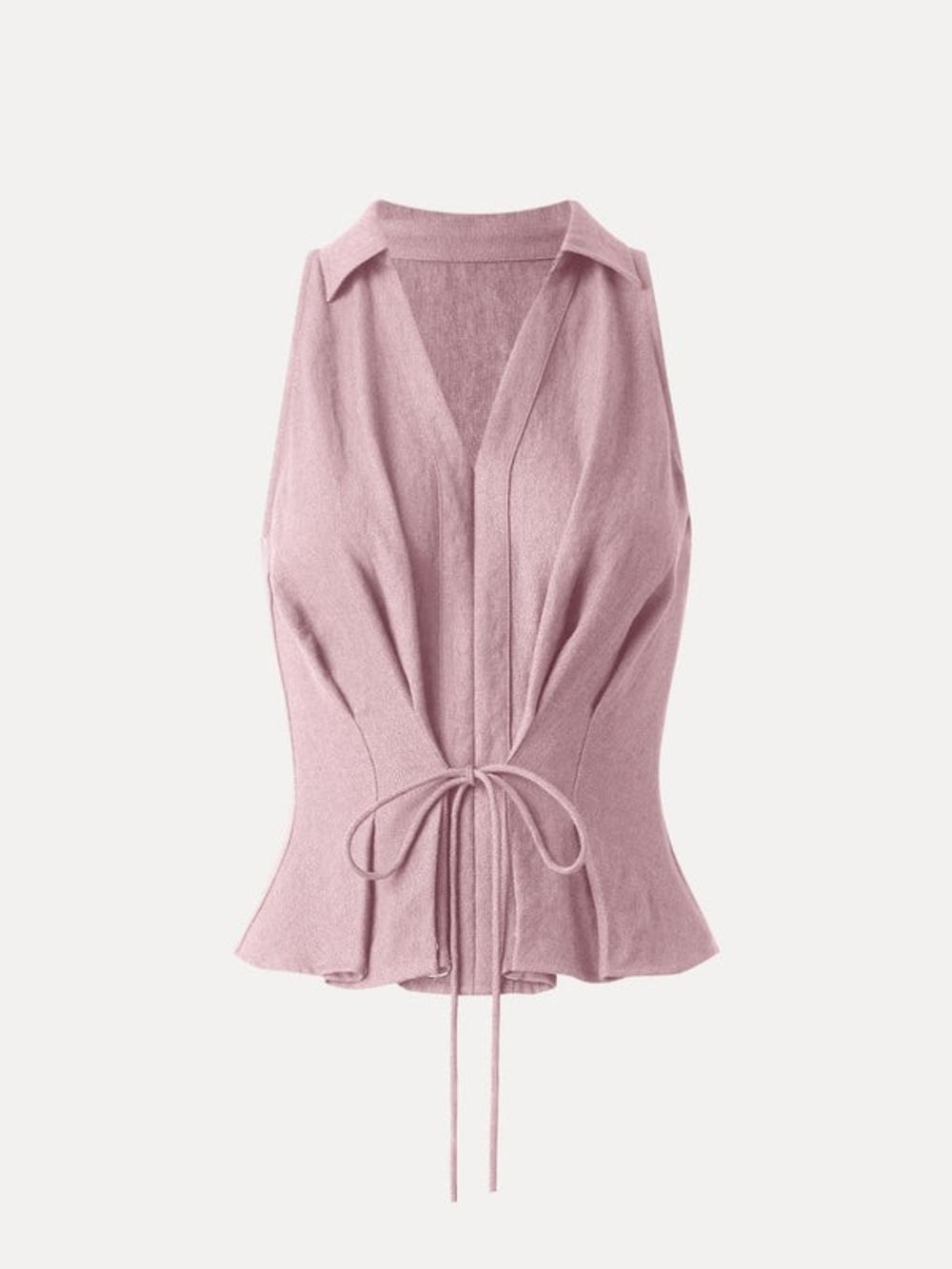 OGL Viscose-Linen Weave Collared V-neck Pleated Sleeveless Top with Drawstring